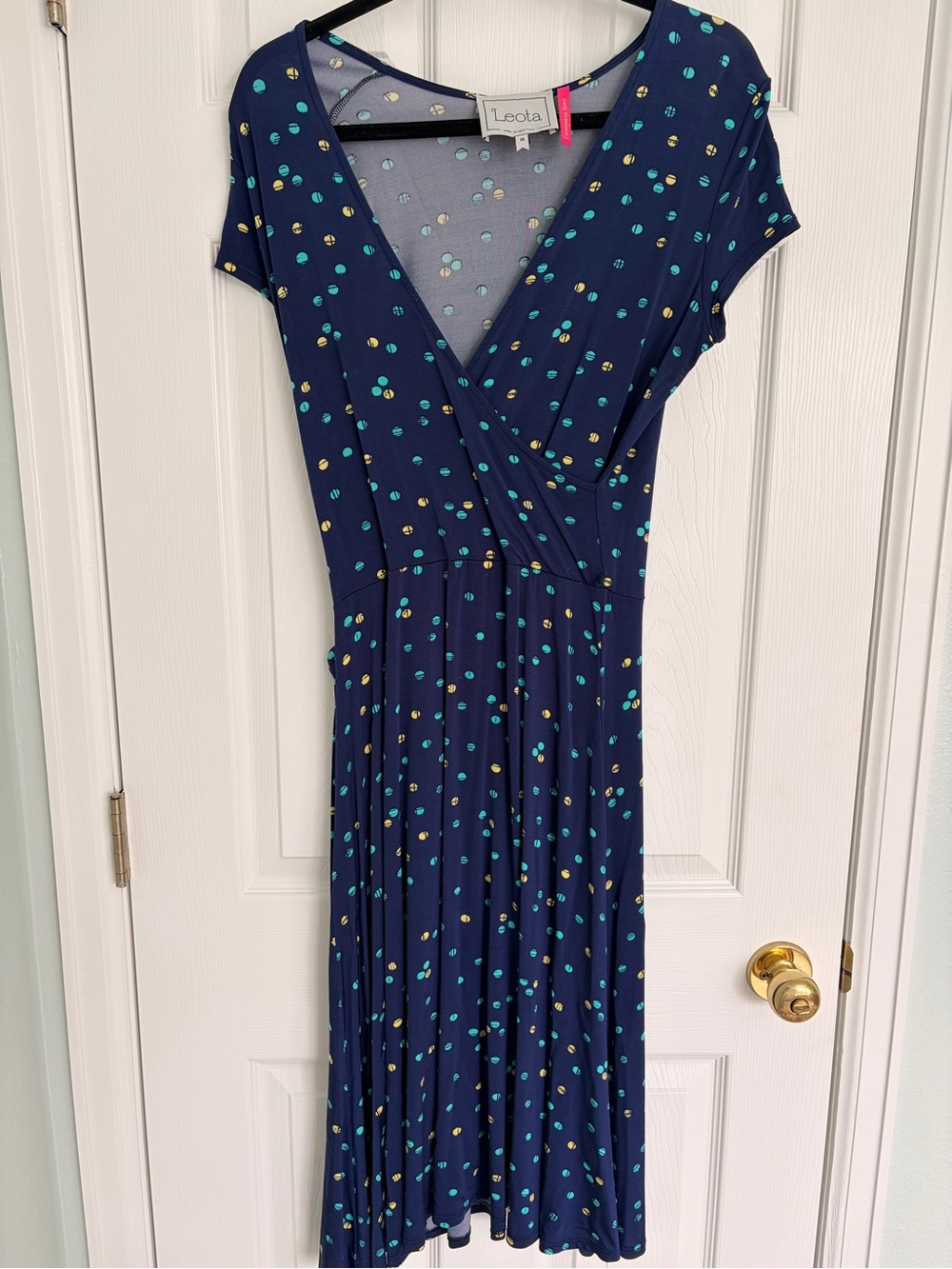 Leota Navy Polka Dot Wrap Midi Dress
